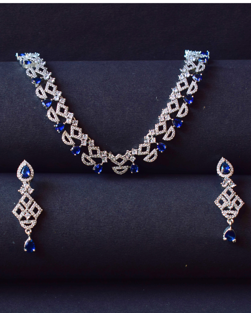 Jewel Space Blue American Diamond Studded Necklace with Earrings