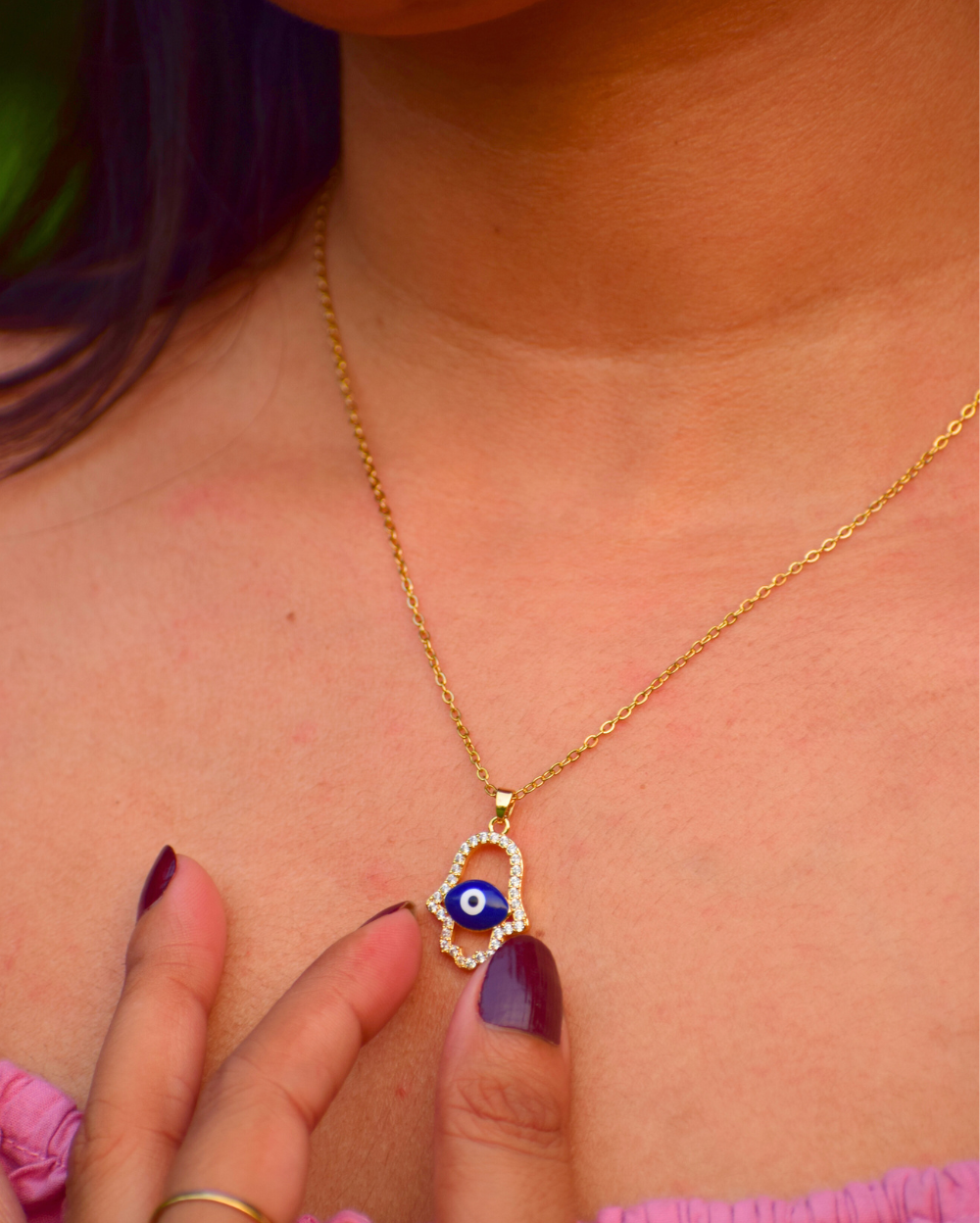 18K Gold Tone Hamsa with Evil Eye Pendant