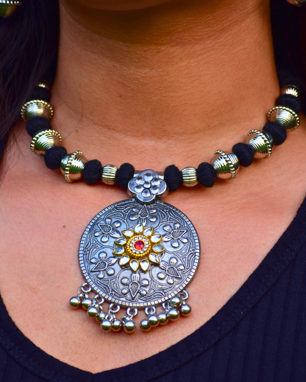 Floral Medallion German Silver Necklace Set with Earrings