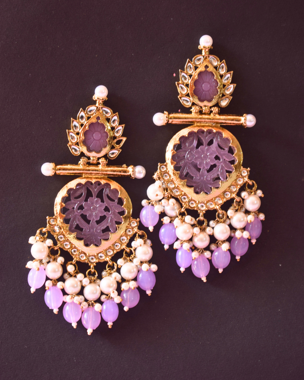 Jewel Space Lavender Pearl Cluster Chandbali Earring with Gold Finish