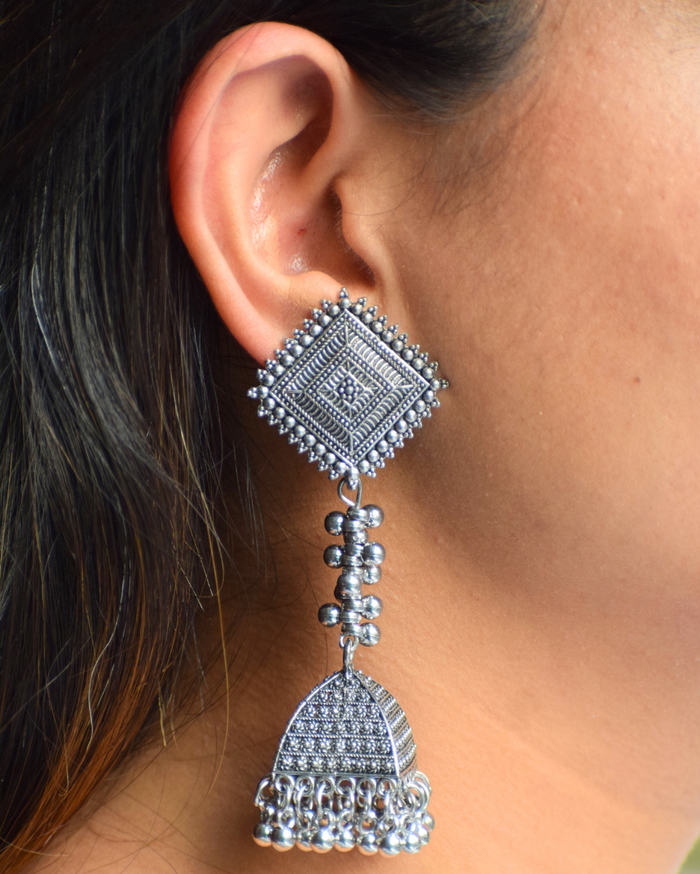 Jewel Space Oxisidized Silver Toned Classic Jhumkas Earrings