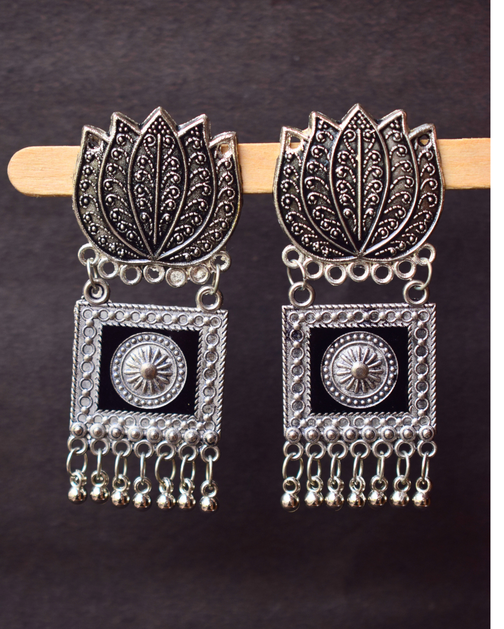 Lotus Blossom Oxidised Silver Earring with Ghungroo