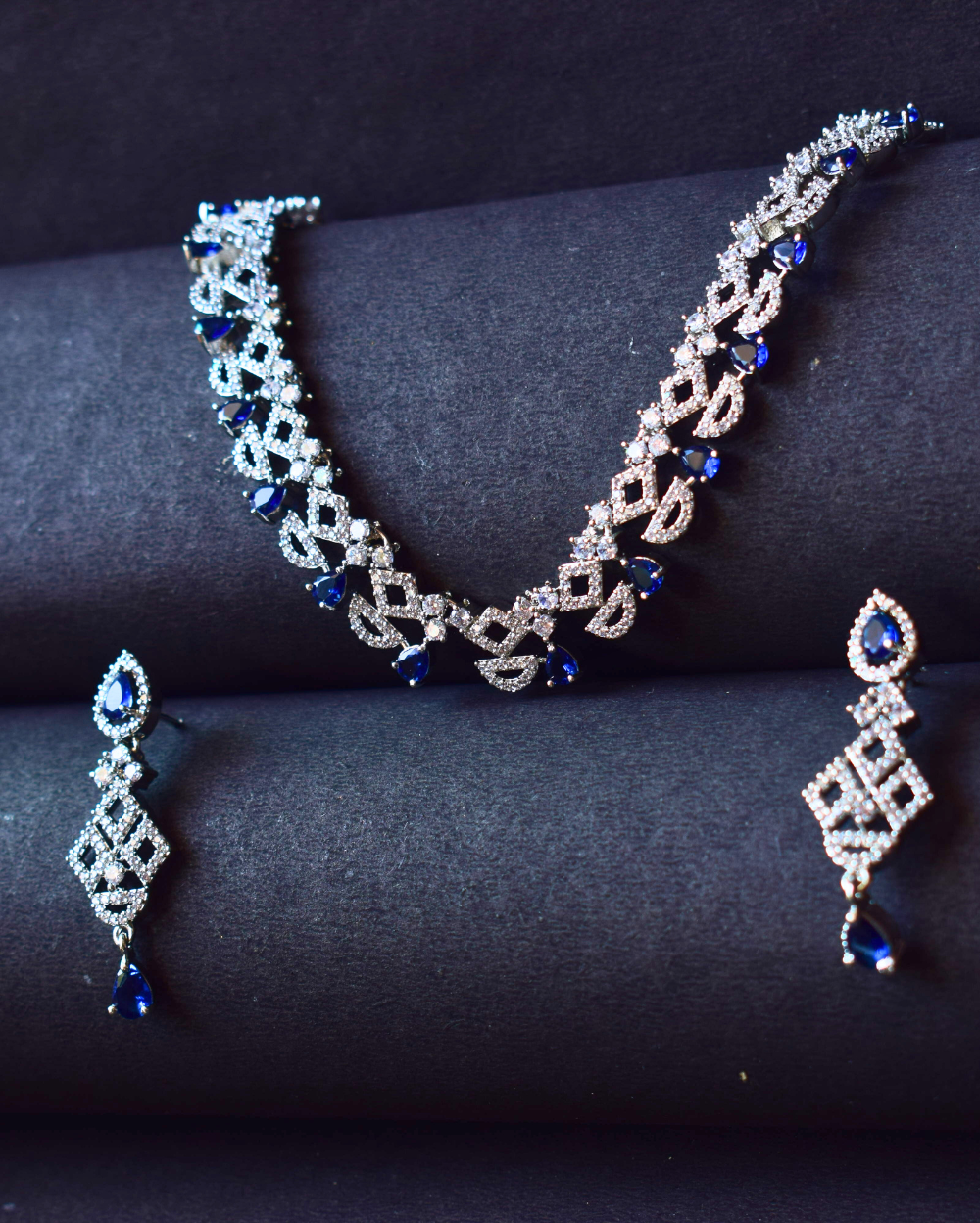 Jewel Space Blue American Diamond Studded Necklace with Earrings