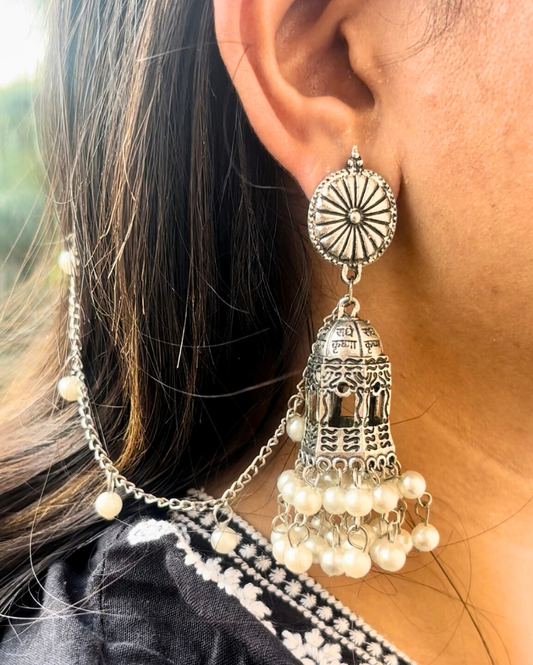 Jewel Space Beautiful Cage Scripted Oxidised Jhumka Earrings With Ear Chain And Pearls