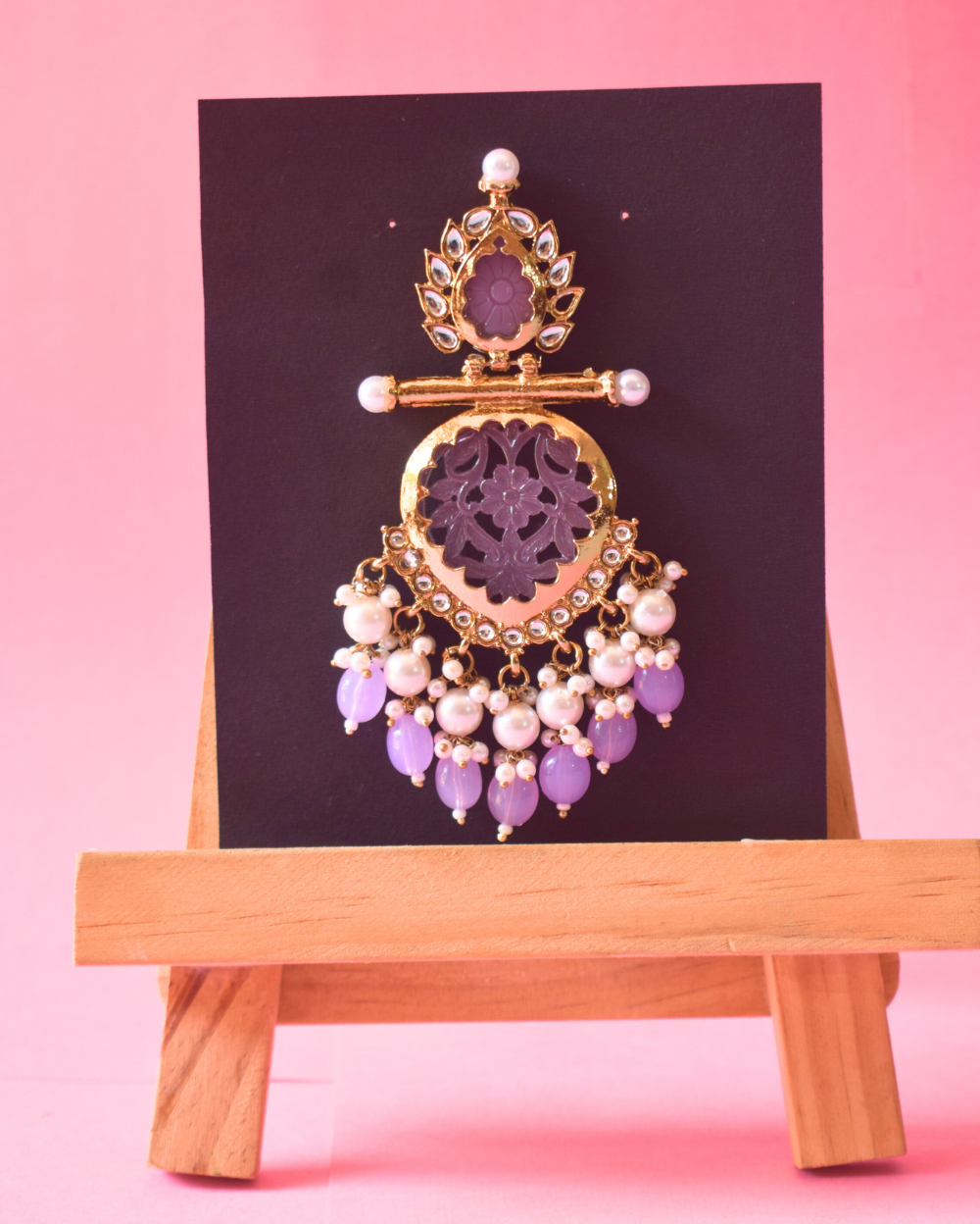 Jewel Space Lavender Pearl Cluster Chandbali Earring with Gold Finish