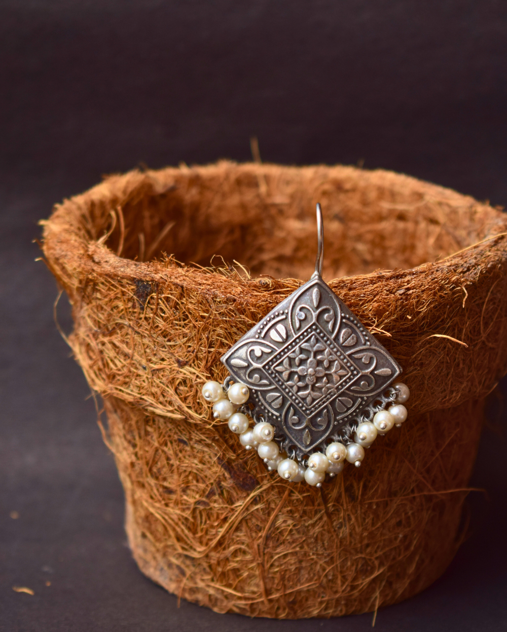 Handcarved Antique German Silver Chandbali with Pearls