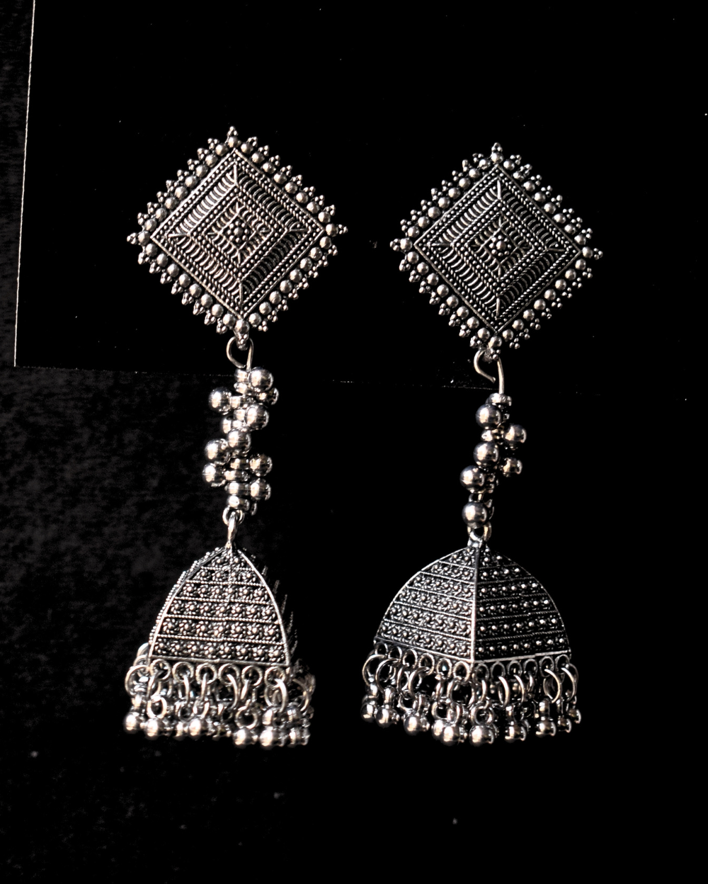 Jewel Space Oxisidized Silver Toned Classic Jhumkas Earrings