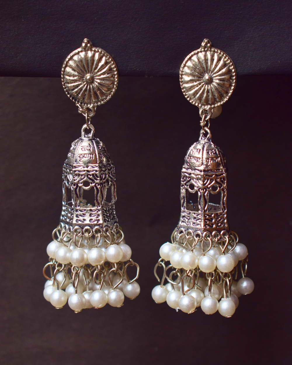 Jewel Space Beautiful Cage Scripted Oxidised Jhumka Earrings With Ear Chain And Pearls