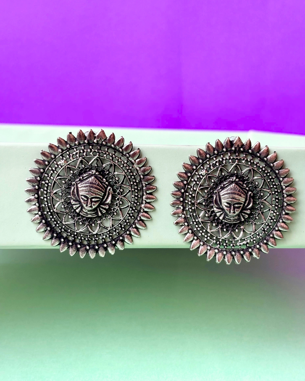 Navratri Maa Durga Themed Oxidised German Silver Earrings Combo