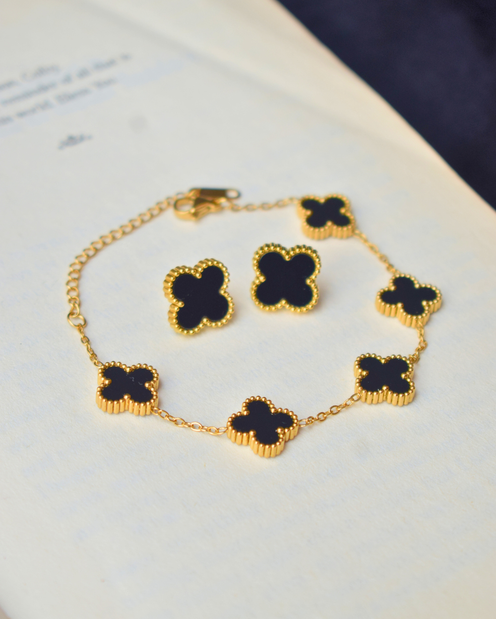 Gold Tone Reversible Clover Bracelet With Earrings - 3 Combinations