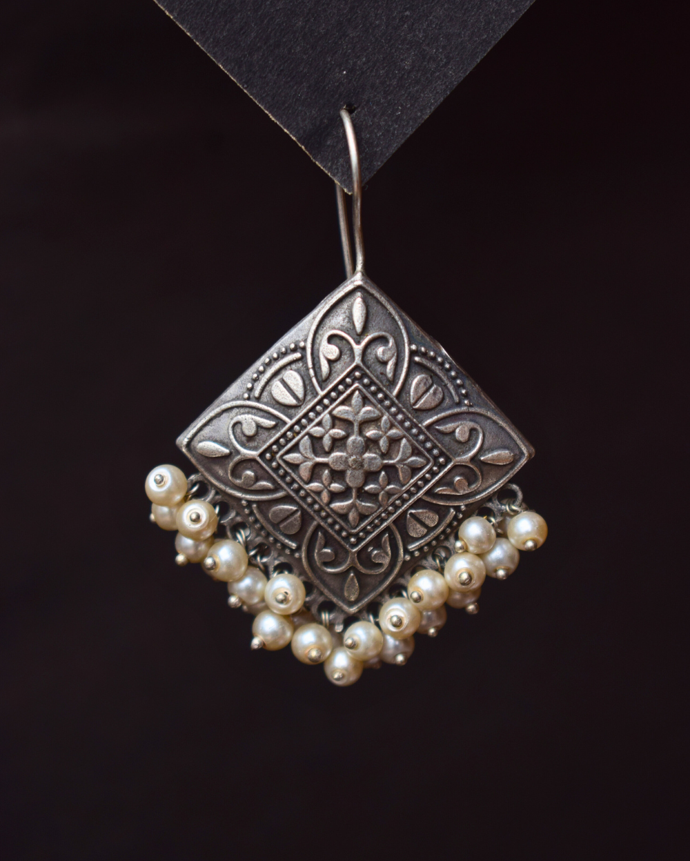 Handcarved Antique German Silver Chandbali with Pearls