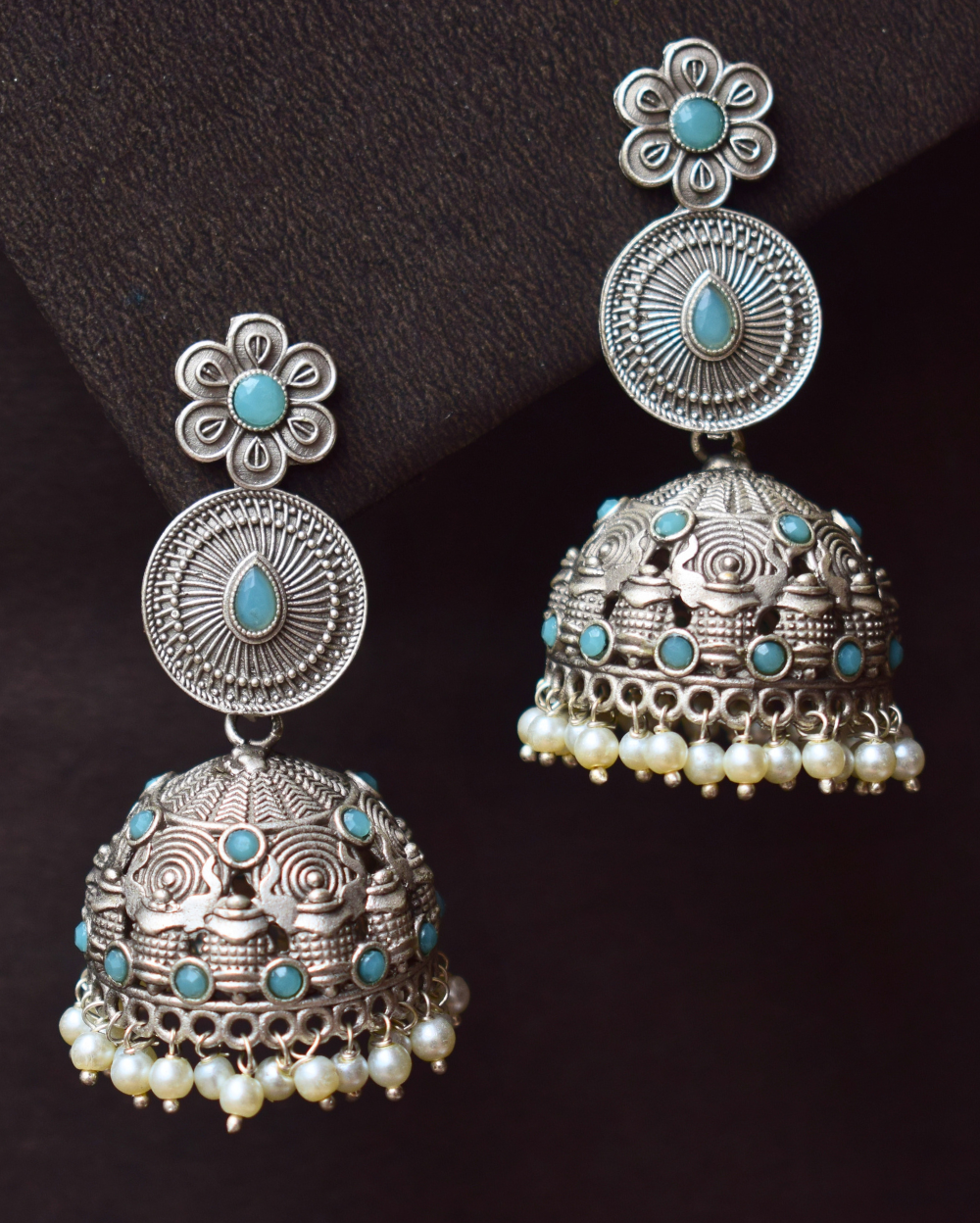 Oxidised German Silver Jhumka's with Sky Blue Crystals