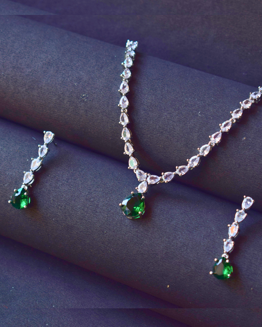 Jewel Space Silver American Diamond Stylish Water Drop Shape Green Emerald Stone Necklace Set with Earrings