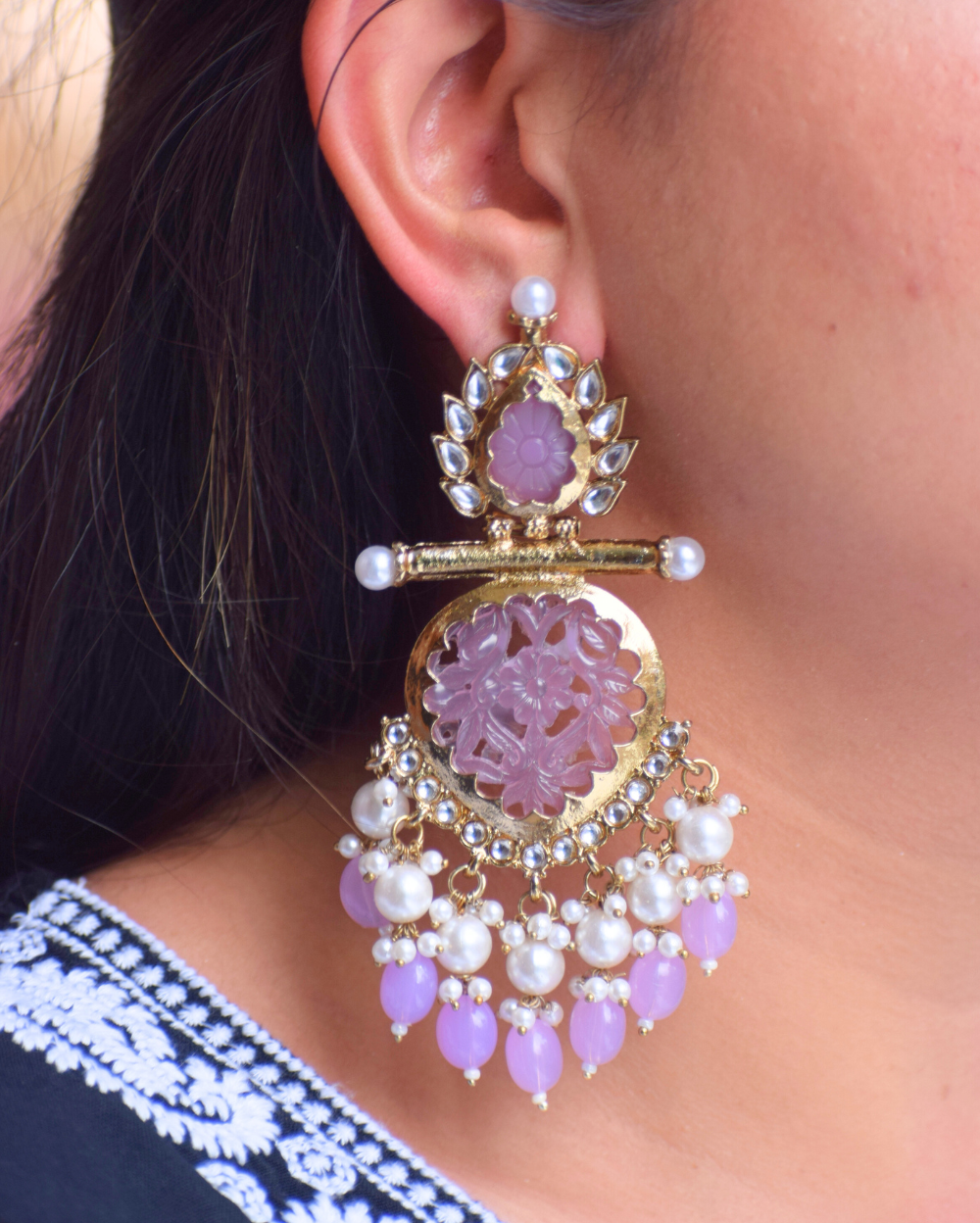 Jewel Space Lavender Pearl Cluster Chandbali Earring with Gold Finish