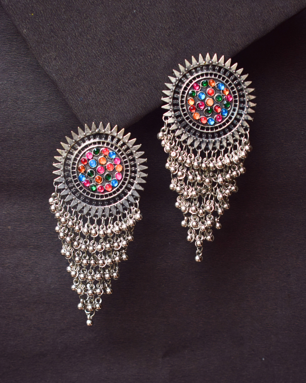 Multi Coloured Afghani Oxidised Layered Long Earrings