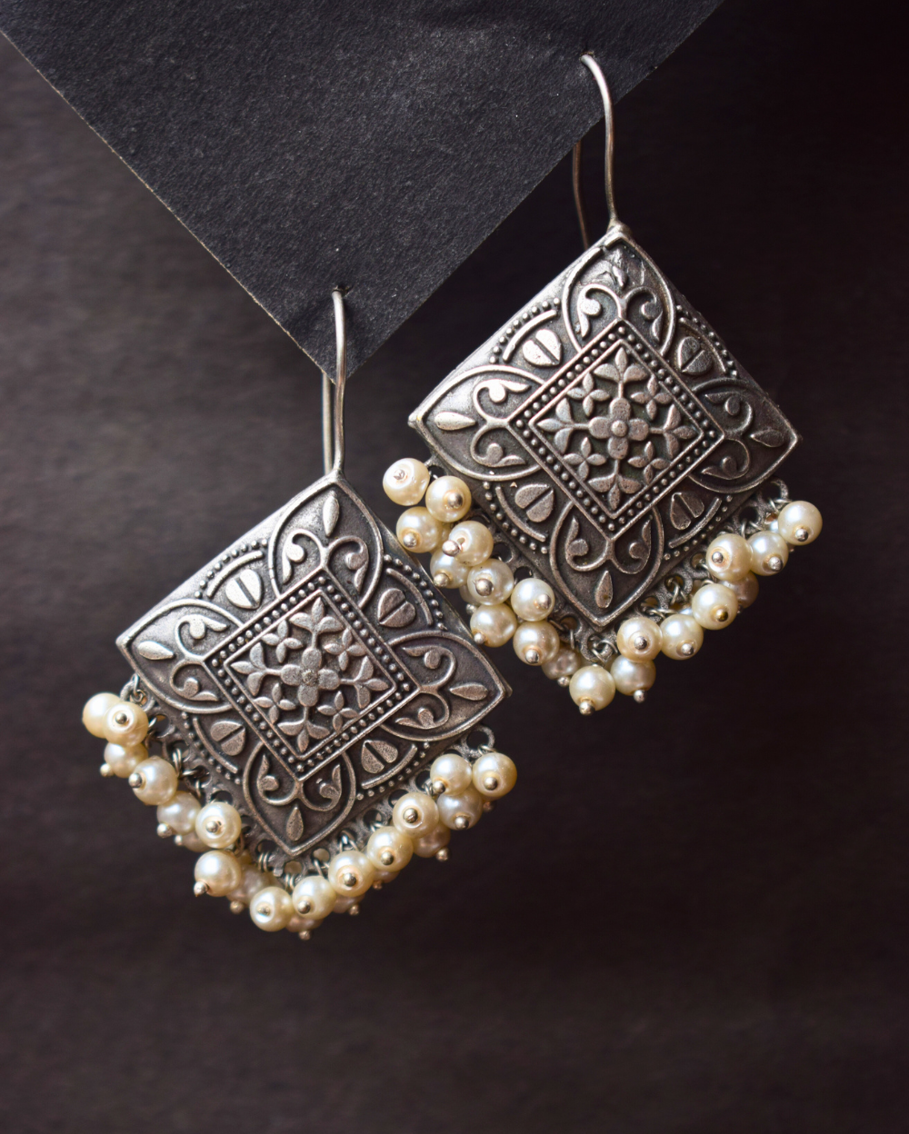 Handcarved Antique German Silver Chandbali with Pearls