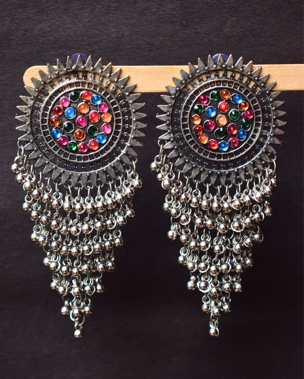 Multi Coloured Afghani Oxidised Layered Long Earrings