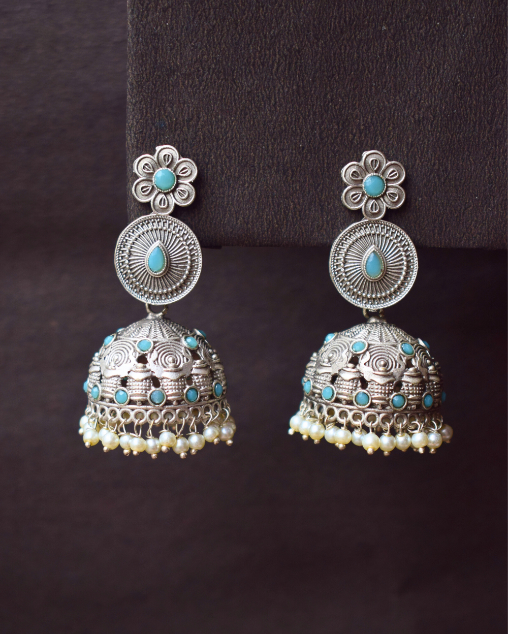 Oxidised German Silver Jhumka's with Sky Blue Crystals