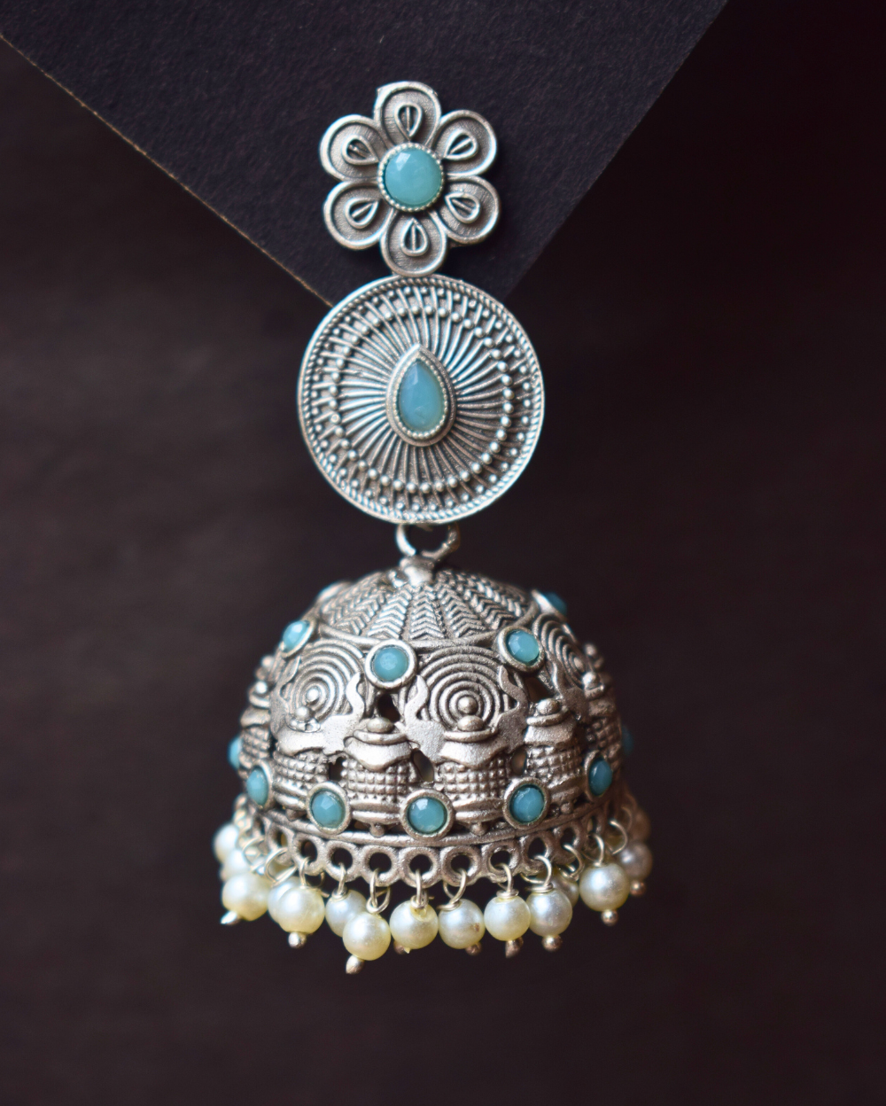 Oxidised German Silver Jhumka's with Sky Blue Crystals