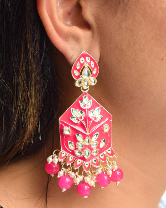 Jewel Space Charming Pastel Dark Pink Meenakari With Beads Drop Earrings