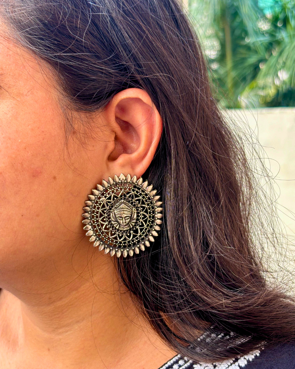 Divine Elegance: Maa Durga Oxidized German Silver Earrings Combo