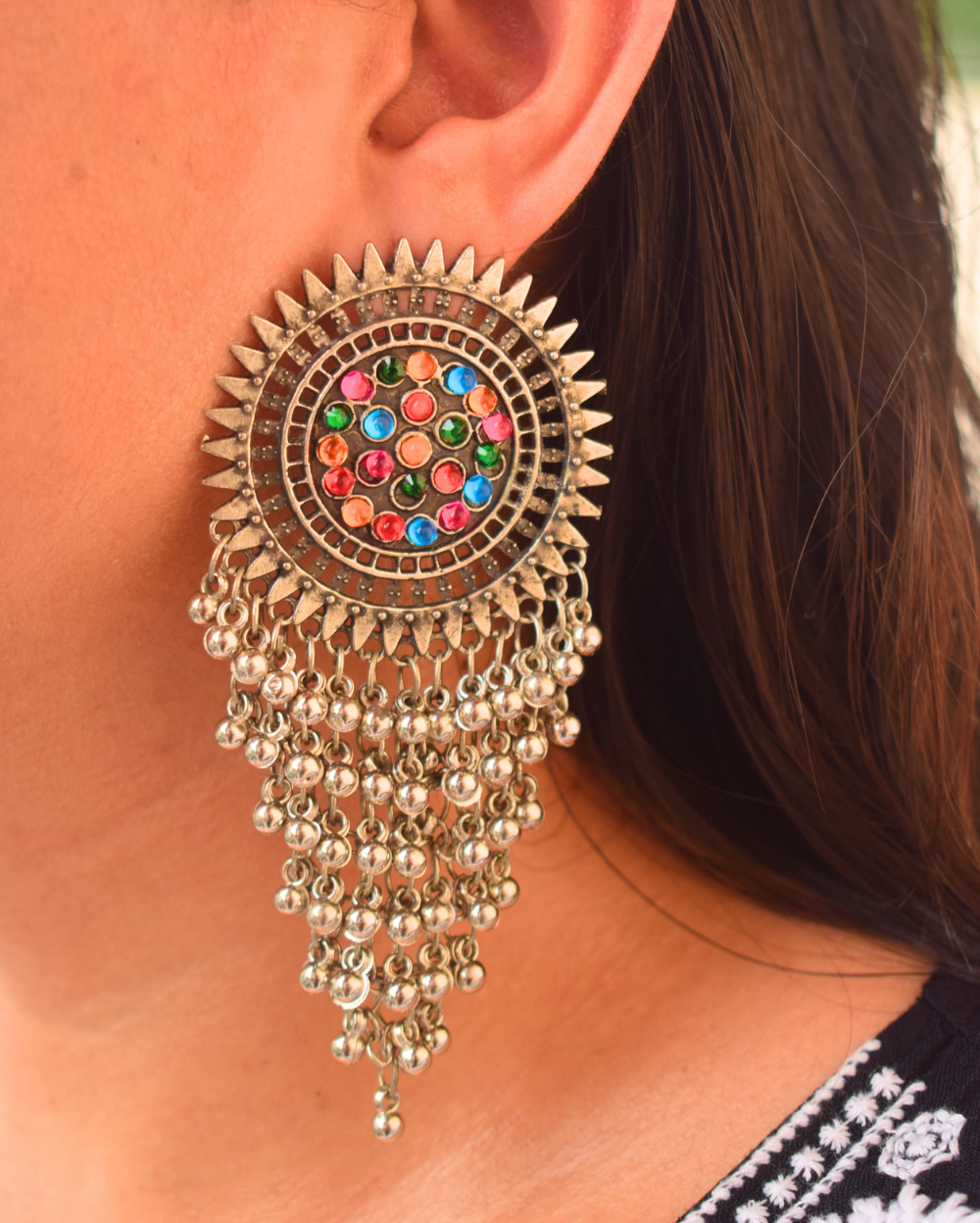 Multi Coloured Afghani Oxidised Layered Long Earrings