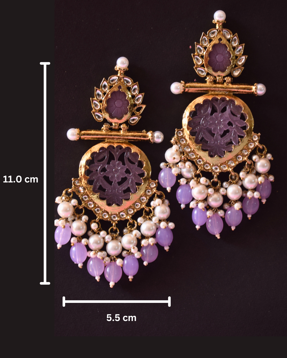 Jewel Space Lavender Pearl Cluster Chandbali Earring with Gold Finish