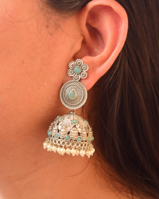 Oxidised German Silver Jhumka's with Sky Blue Crystals